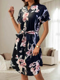 Abstract Print Belted Midi Dress - Short Sleeve.
