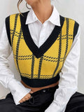 Plaid V-Neck Cropped Sweater Vest.