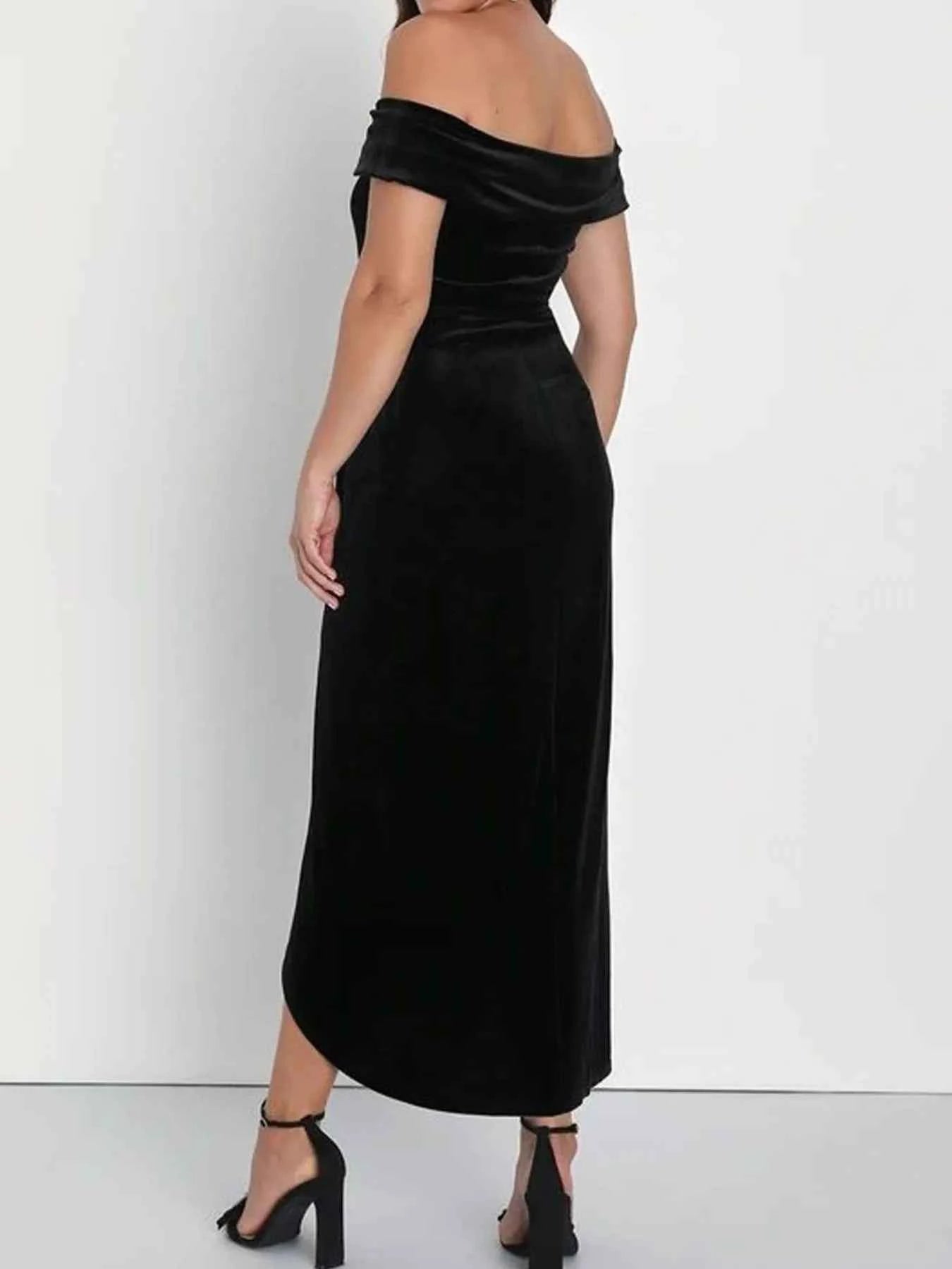 Off-Shoulder Wrap Dress with Side Slit.