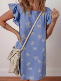 Bow Knot Print Ruffled Sleeve Crewneck Mini Dress.