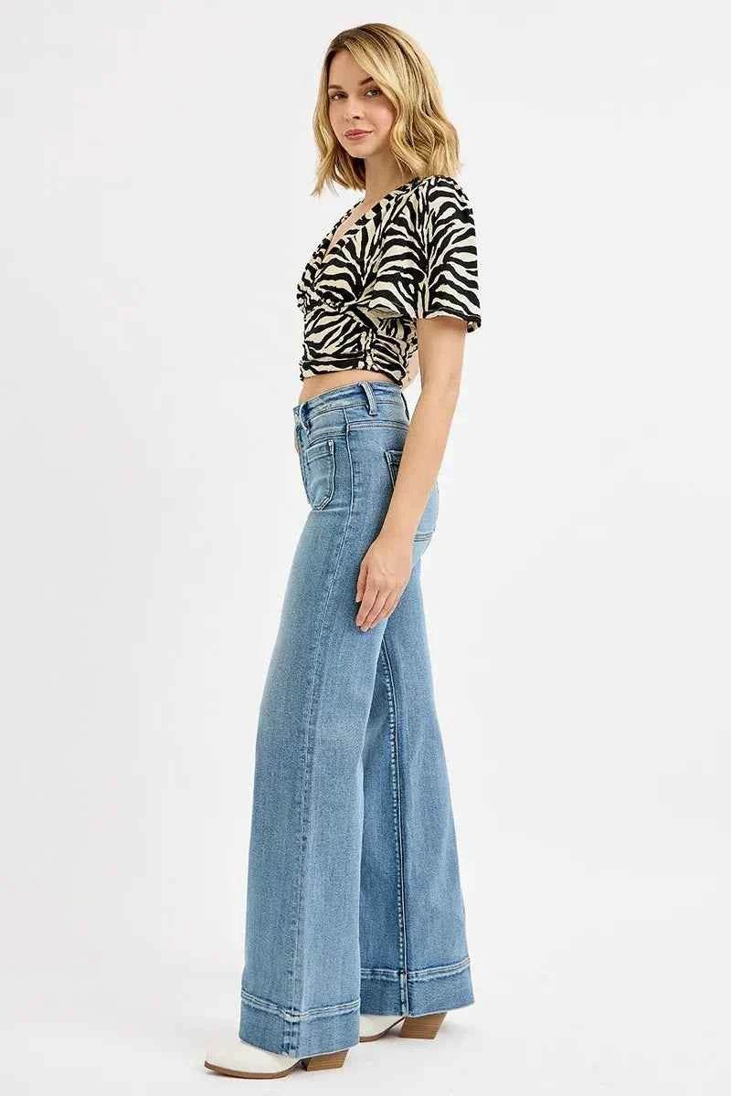 RISEN Plus Size High Rise Wide Flare Patch Pocket Jeans.