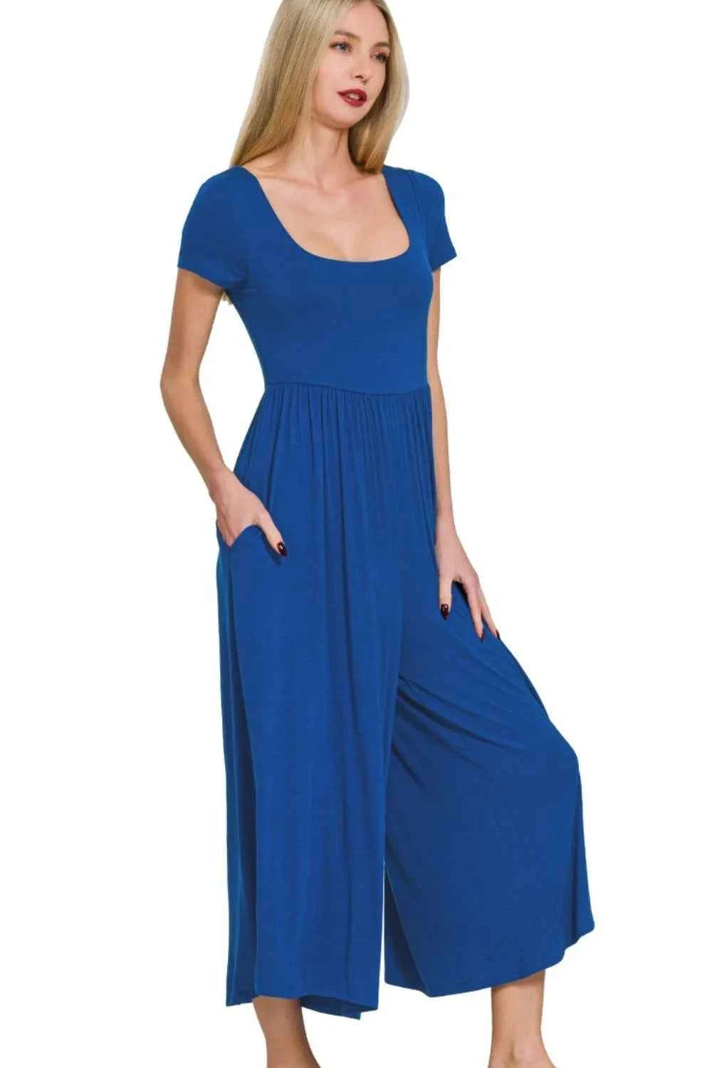 Zenana Double Layered Wide-Leg Jumpsuit with Pockets.