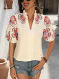 Floral Print Notched Puff Sleeve Blouse.