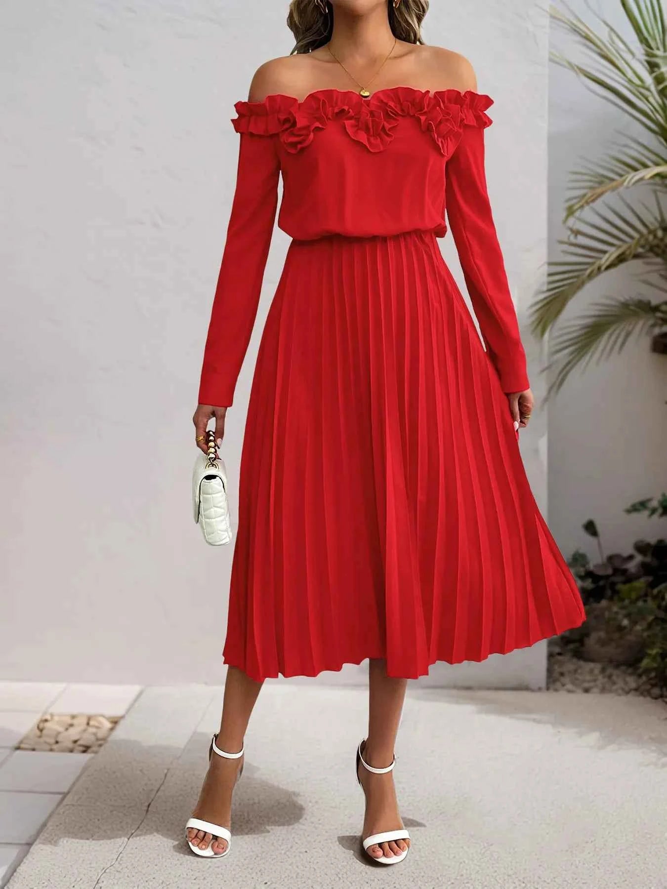 Off-Shoulder Ruffle Pleated Midi Dress.