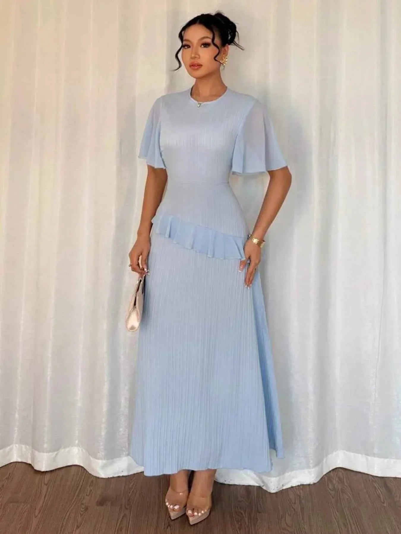 Ruffled Round Neck Flutter Sleeve Dress.