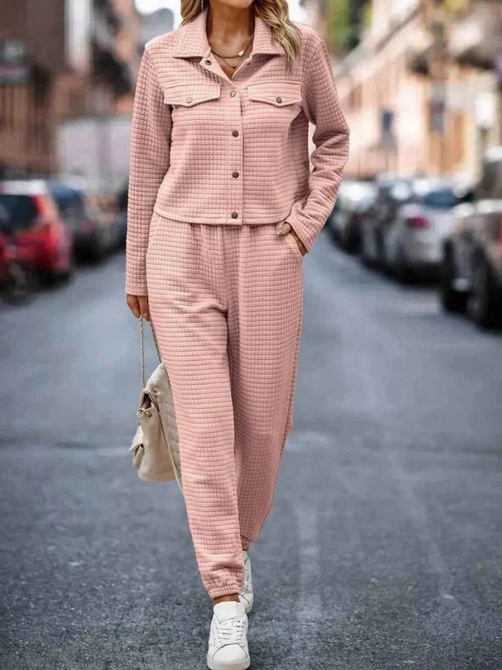 Plaid Texture Snap Down Top and Pants Set.