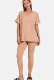 Zenana Full Size V-Neck Rolled Short Sleeve T-Shirt & Leggings Set.