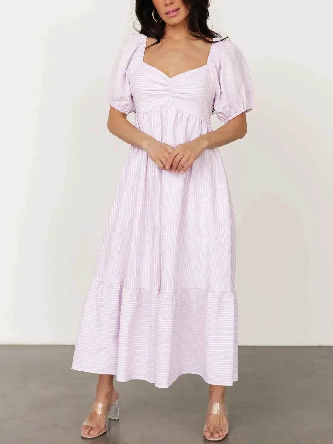 Striped Sweetheart Neck Puff Sleeve Midi Dress.