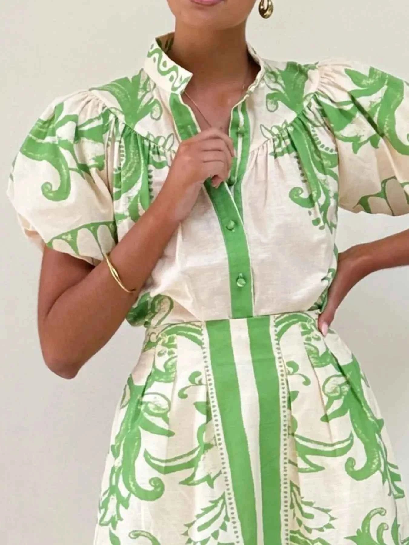 Printed Puff Sleeve Top and Skirt Set.