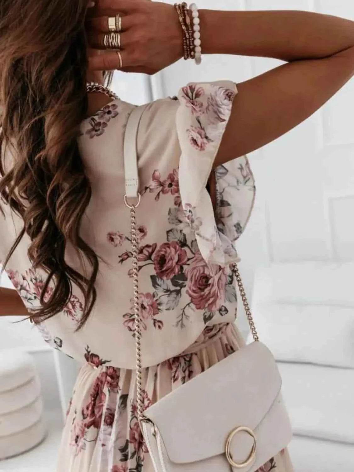 Floral Surplice Ruffled Cap Sleeve Dress.