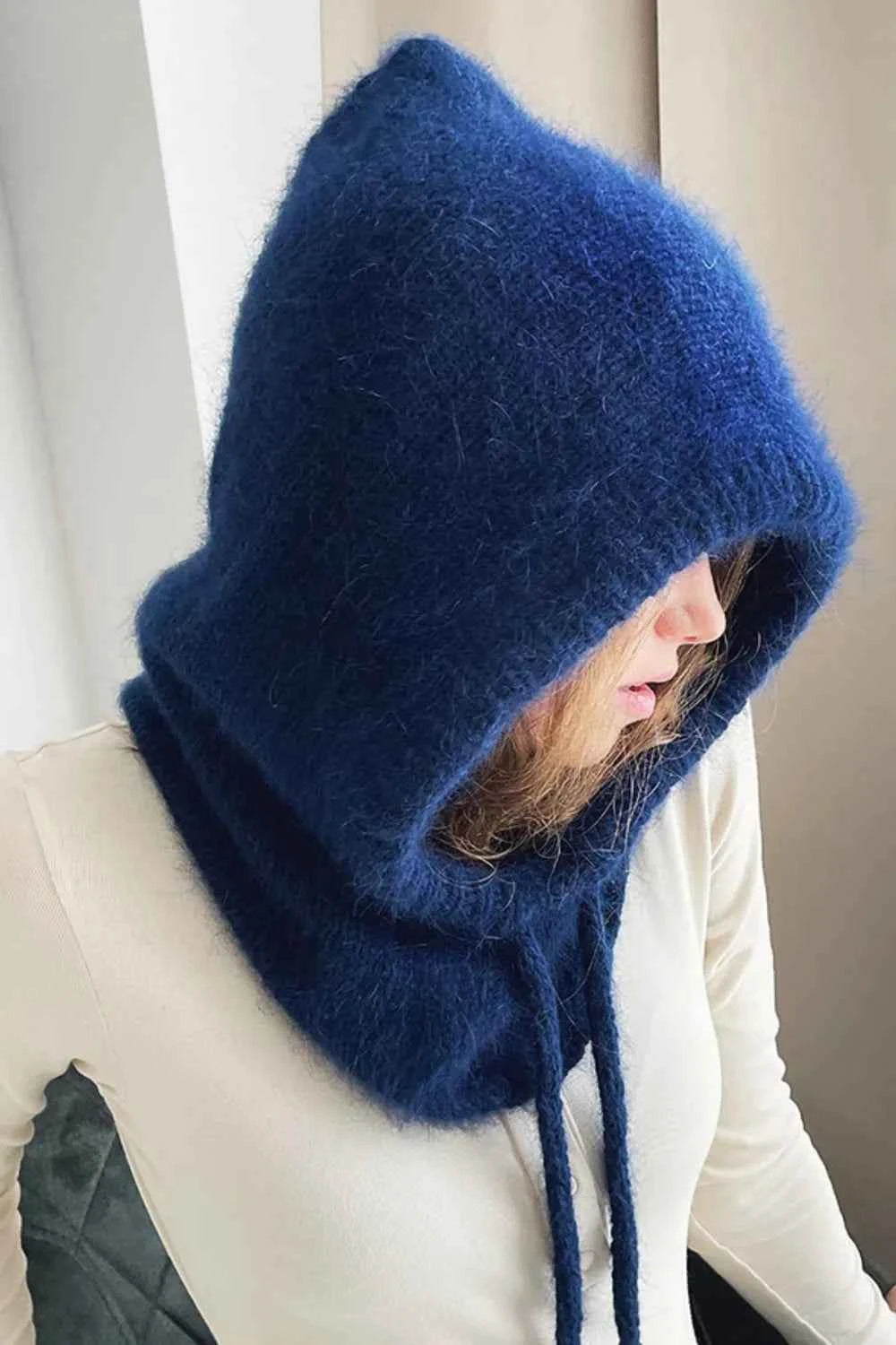 Solid Color Thermal Knit Drawstring Hat.