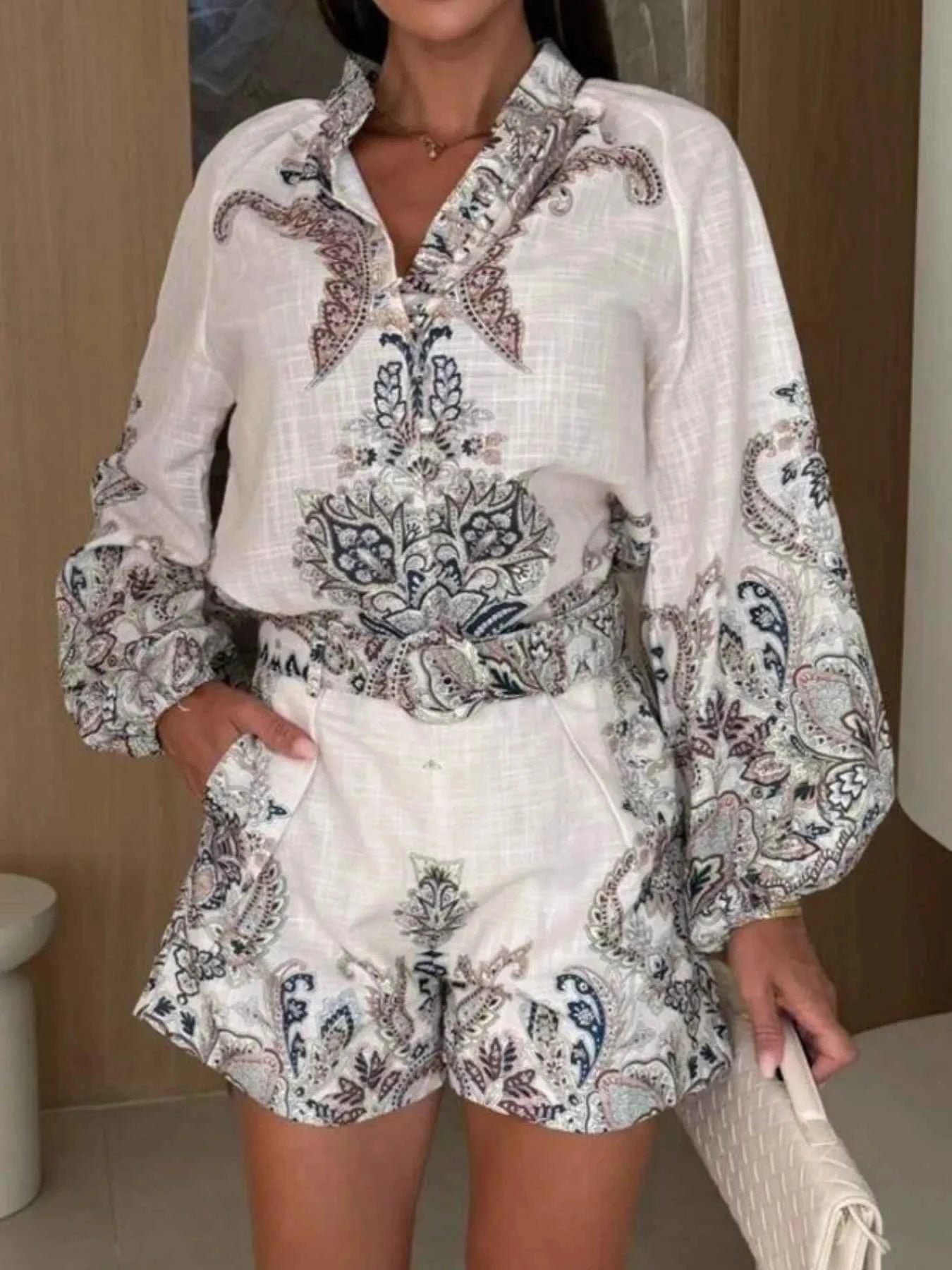 Printed Long Sleeve Shirt and Shorts Set.