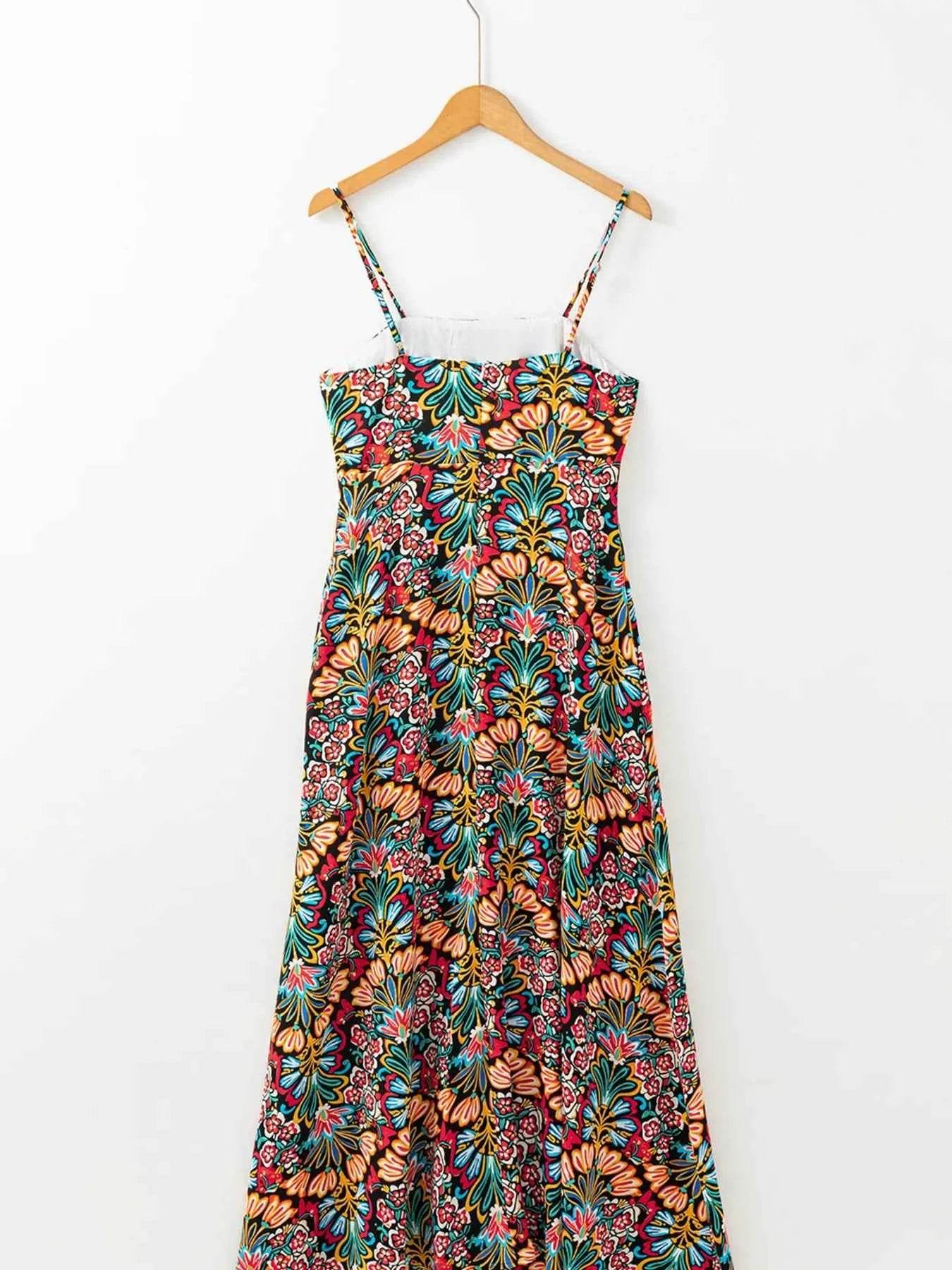 Floral Print High Waist Maxi Dress with Thin Straps.