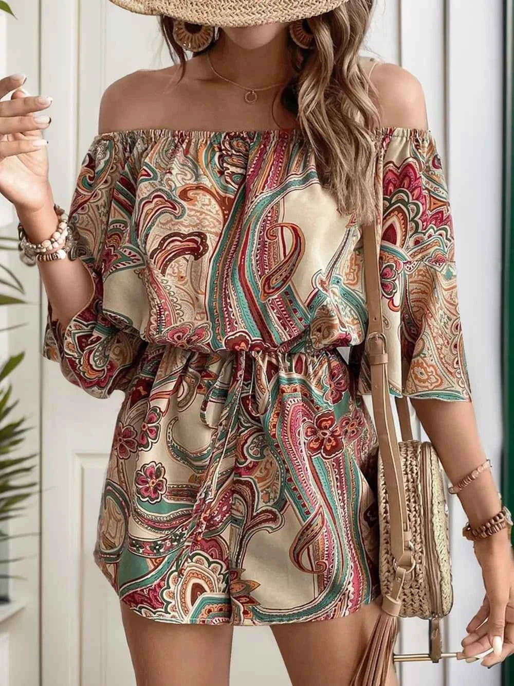 Perfee Off Shoulder Printed Half Sleeve Romper.