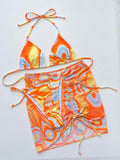 Multicolored Drawstring Ruched Three-Piece Swim Set.