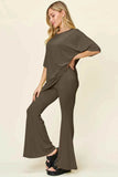 Double Take T-Shirt and Pants Set: Full Size Round Neck Drop Shoulder Style with Flare Pants - EBYNN