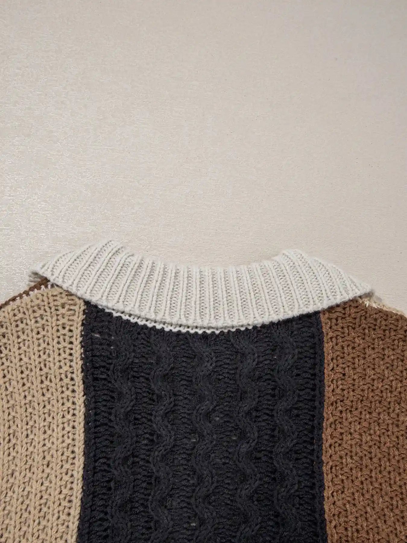Multicolour Color Block Cable Knit Sleeve Buttons Collared Sweater.