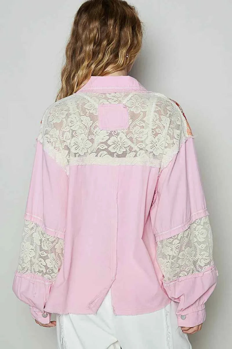 POL Printed Woven Mix Raw Hem Jacket with Lace Detail.