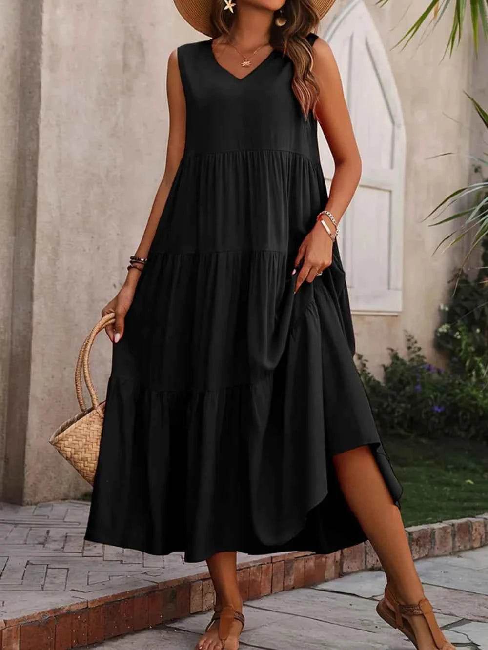 Tiered V-Neck Sleeveless Cotton Dress.