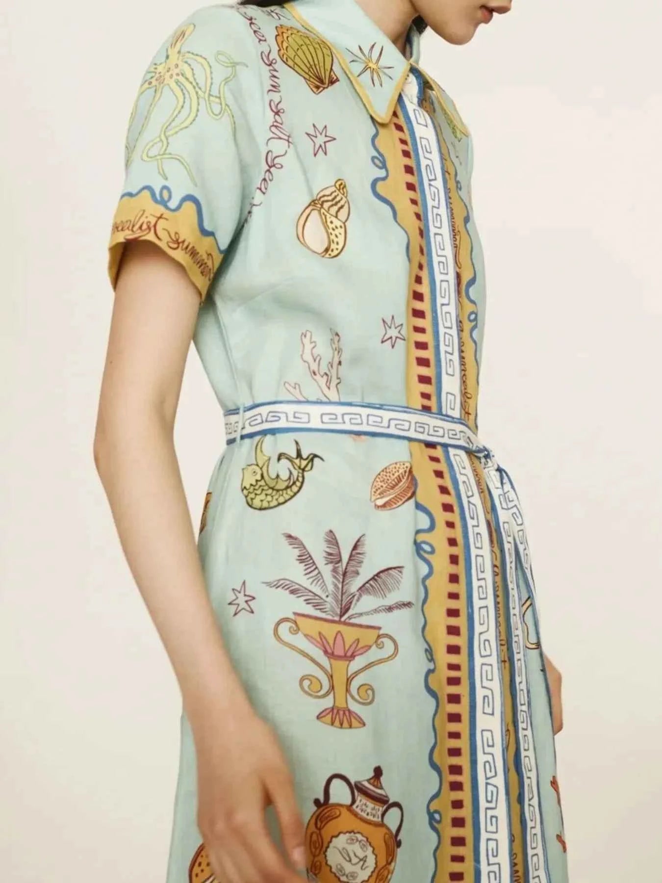 Printed Short Sleeve Maxi Shirt Dress with Belt.
