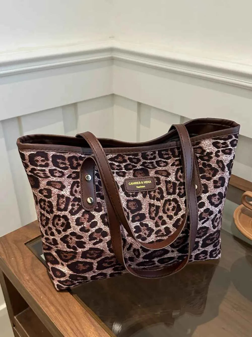 Large Leopard Print Polyester Tote Bag.