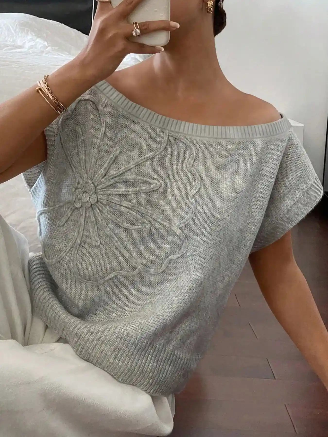 Ribbed Hem Boat Neck Sweater.