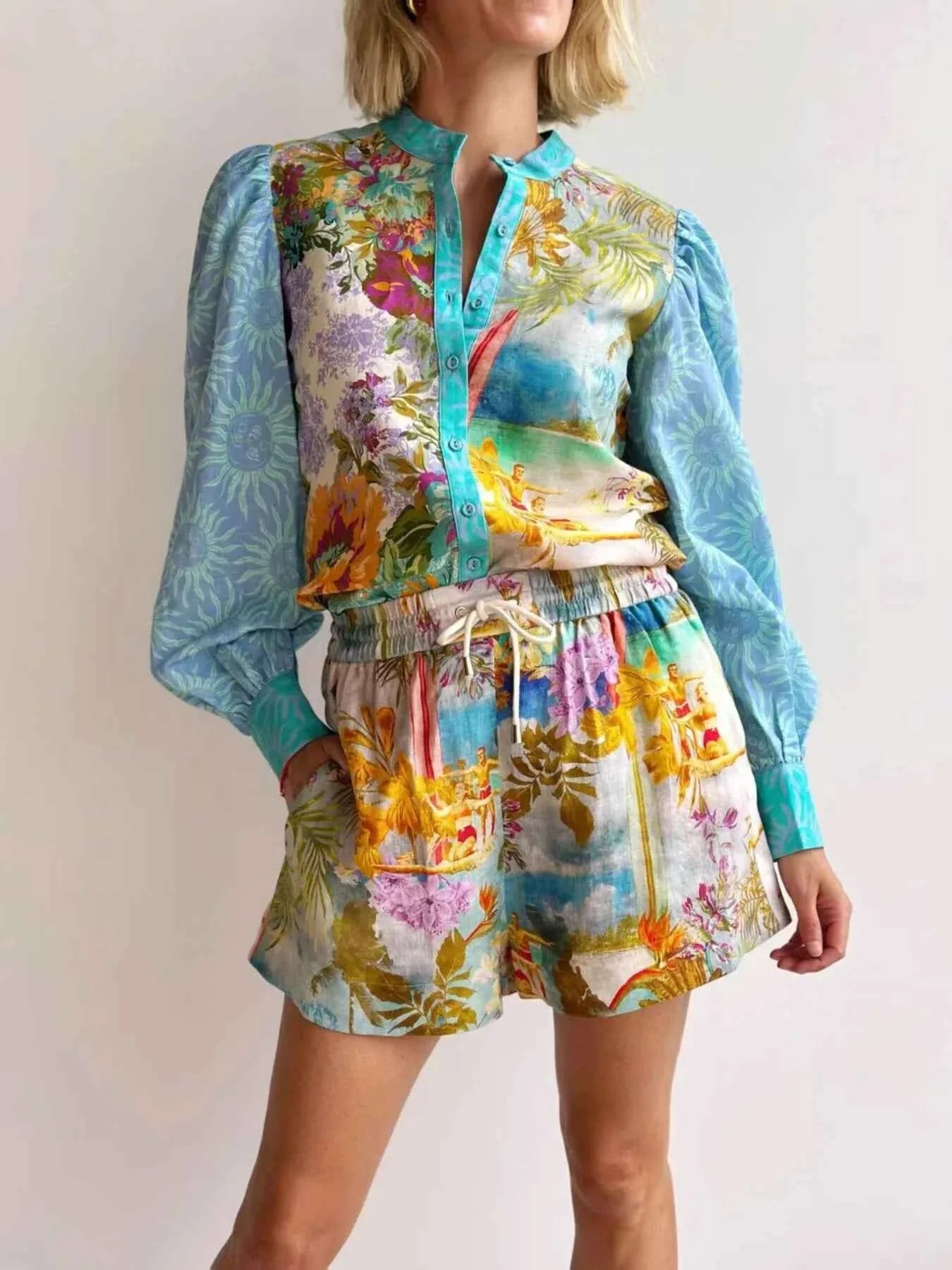 Printed Button Up Shirt and Shorts Set.