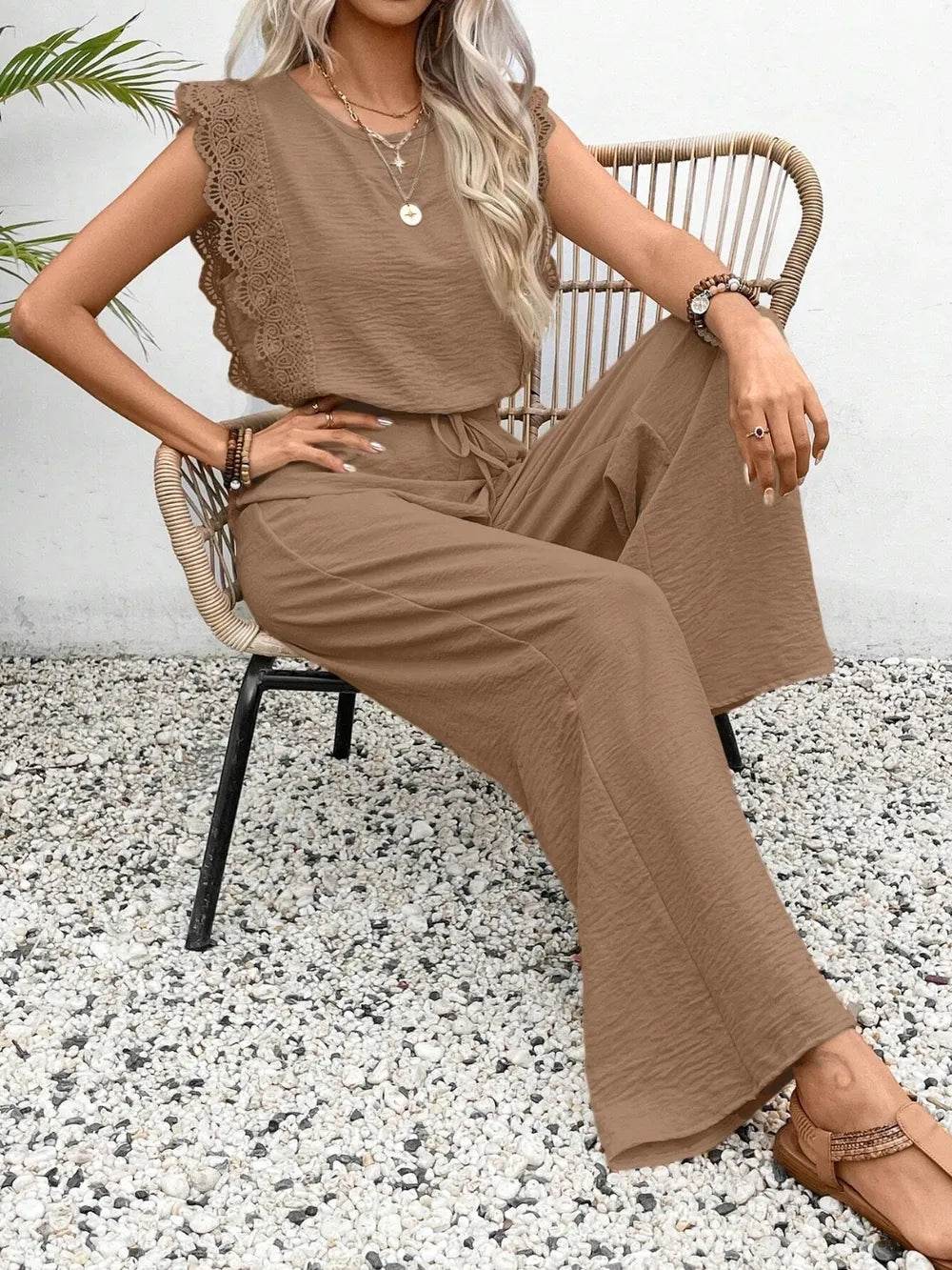 Lace Trim Round Neck Top and Pants Set - EBYNN