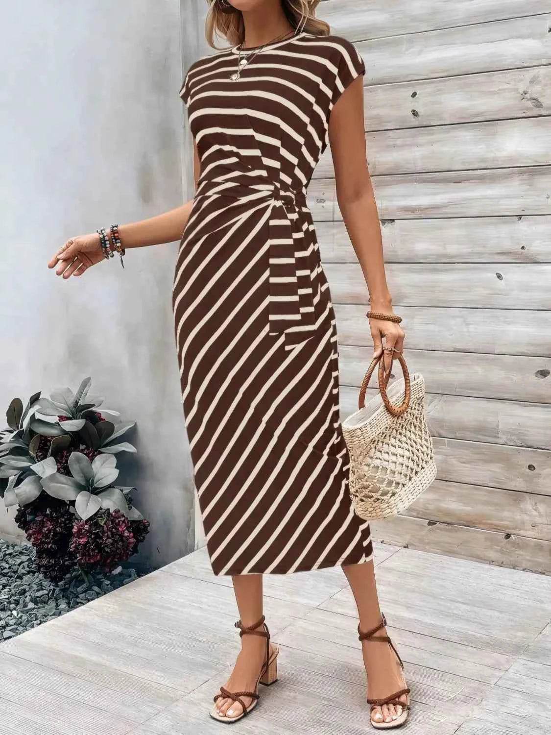 Striped Round Neck Cap Sleeve Midi Dress.
