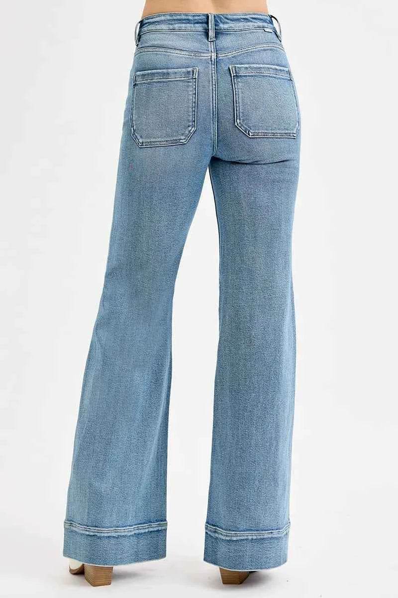 RISEN Plus Size High Rise Wide Flare Patch Pocket Jeans.