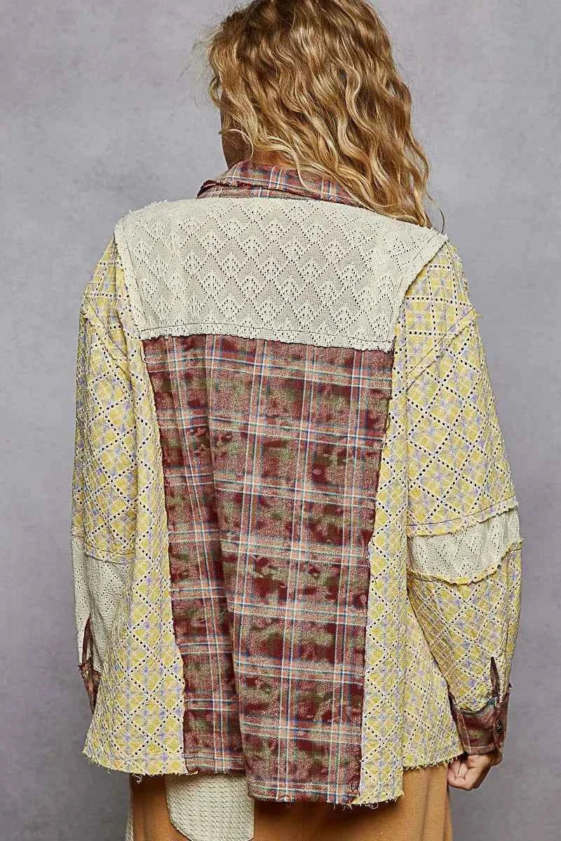 POL Studded Contrast Plaid Long Sleeve Shirt.