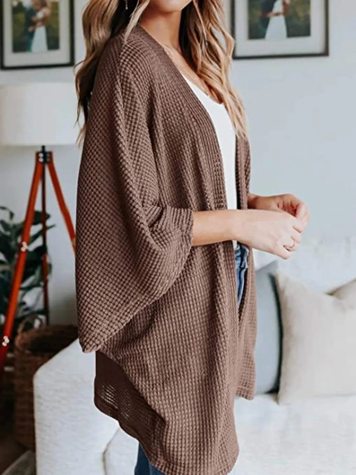 Plus Size Open Front Waffle Knit Cardigan.