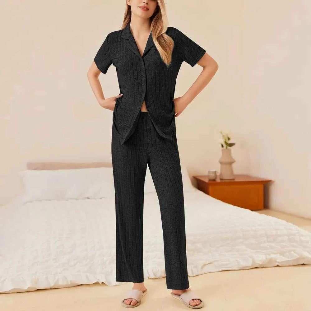 Button Down Long Sleeve Top and Pants Lounge Set.
