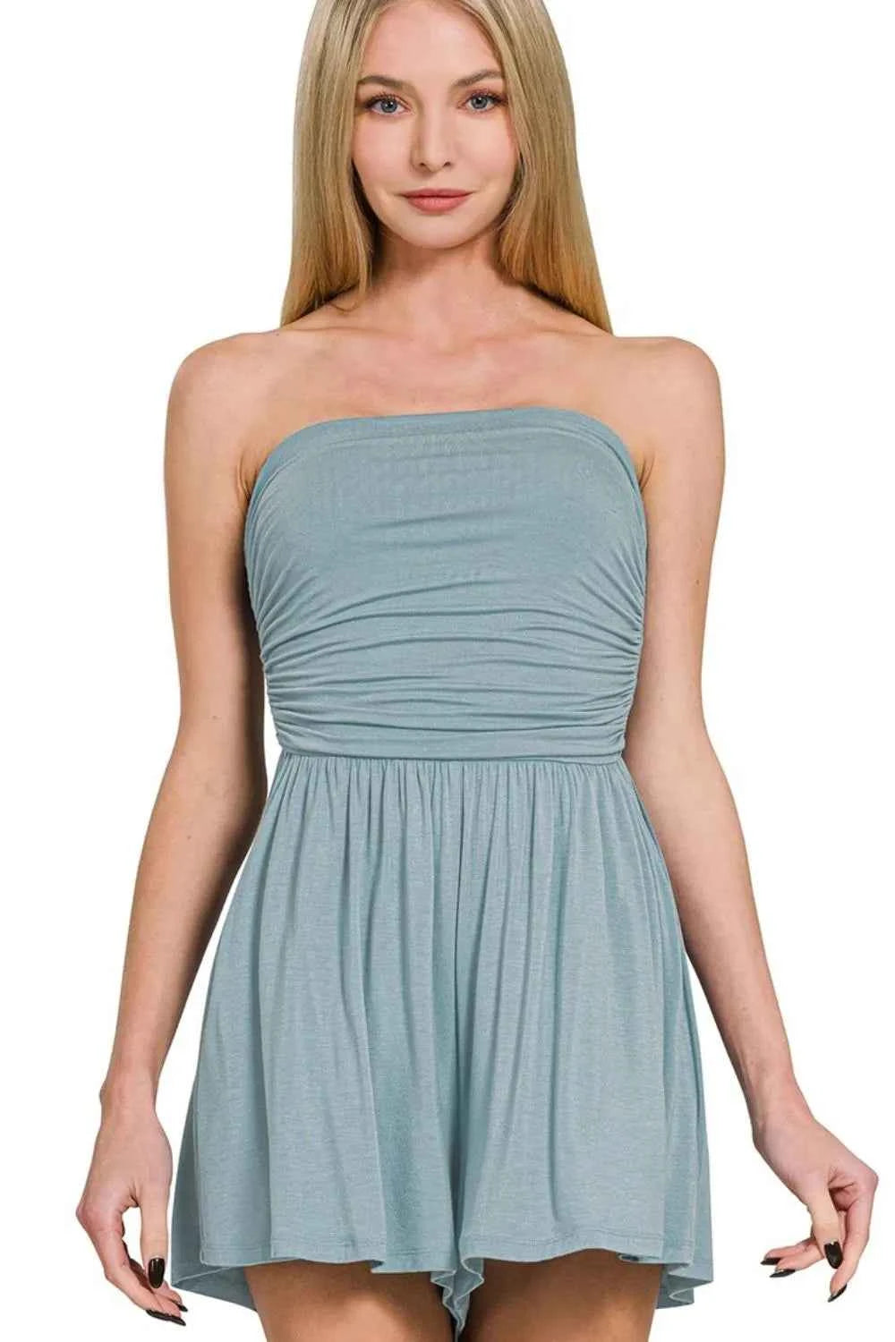 Zenana Double Layered Strapless Tube Top Romper.