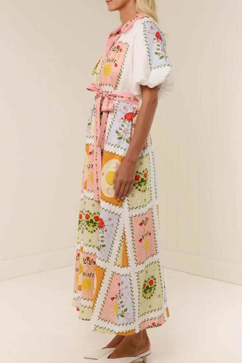 Printed Short Sleeve Belted Maxi Dress.