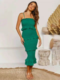 Smocked Ruffled Midi Cami Dress - Emerald Green.