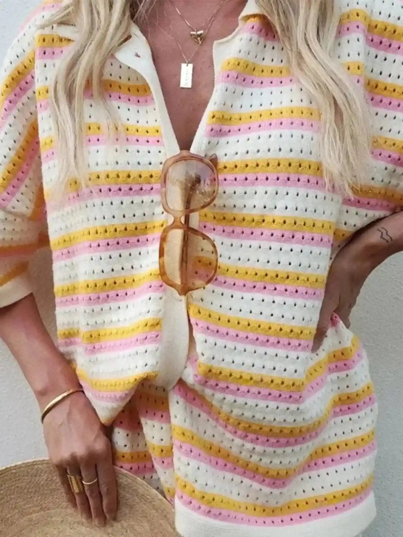 Striped Eyelet Button Up Shirt and Shorts Set.