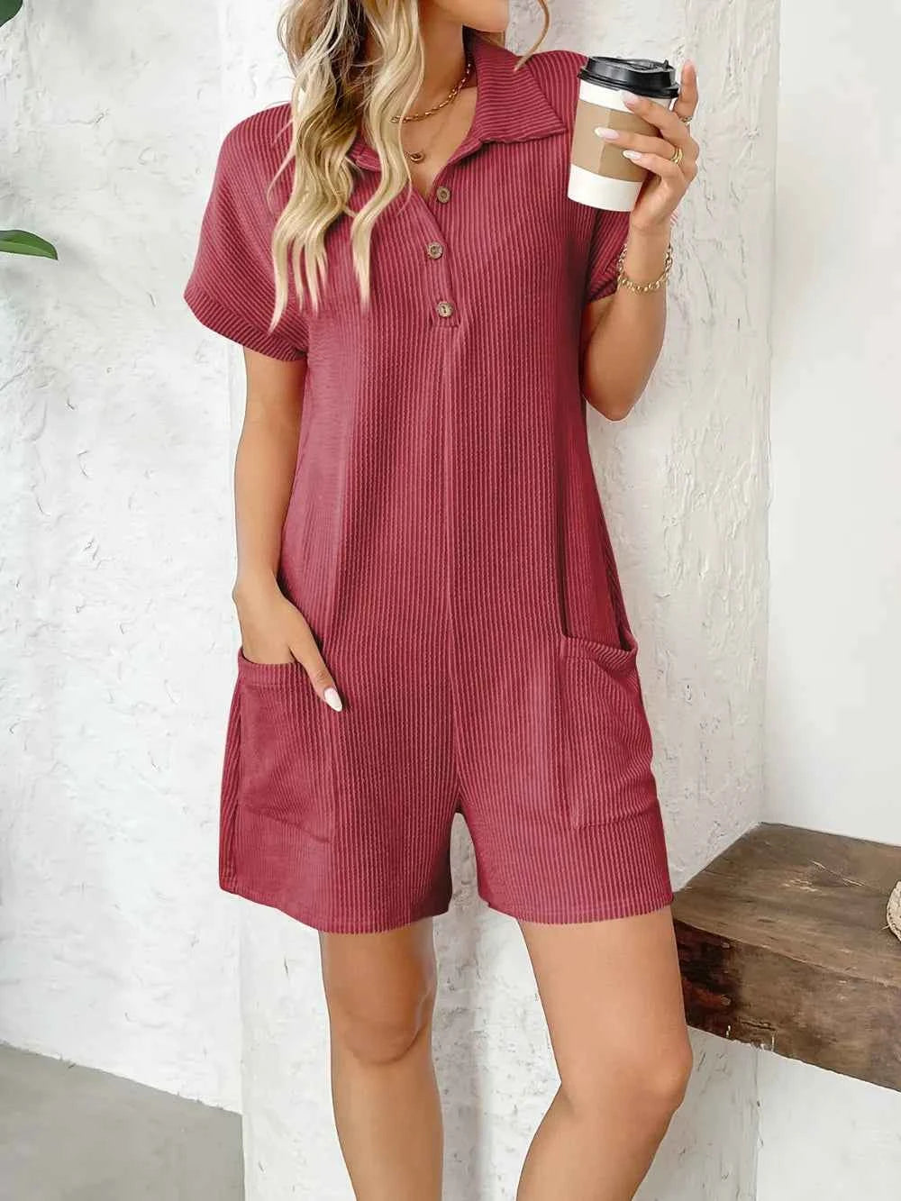 Button Detail Collared Neck Short Sleeve Romper.