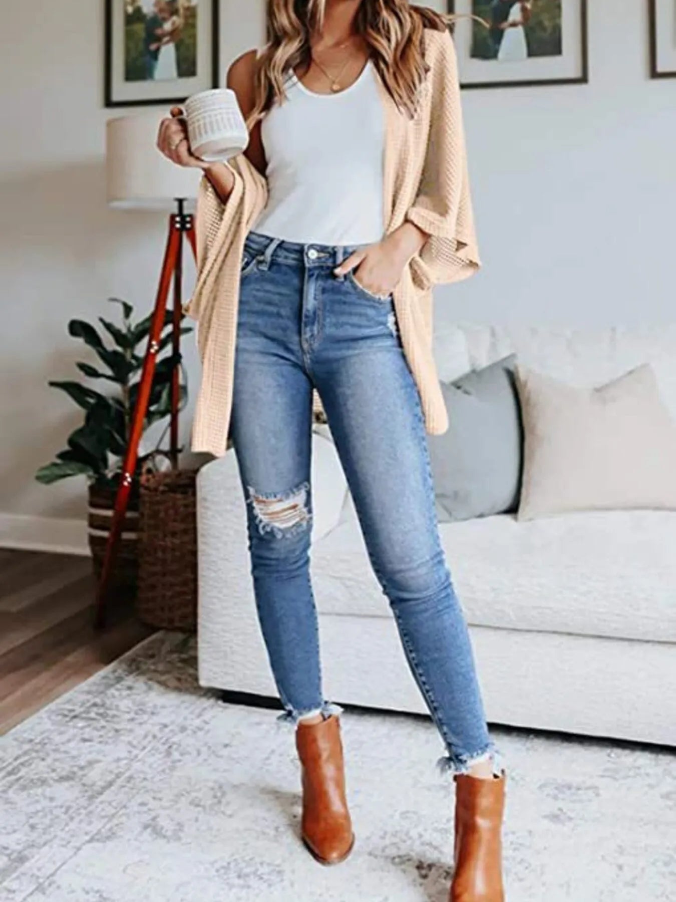 Plus Size Open Front Waffle Knit Cardigan.