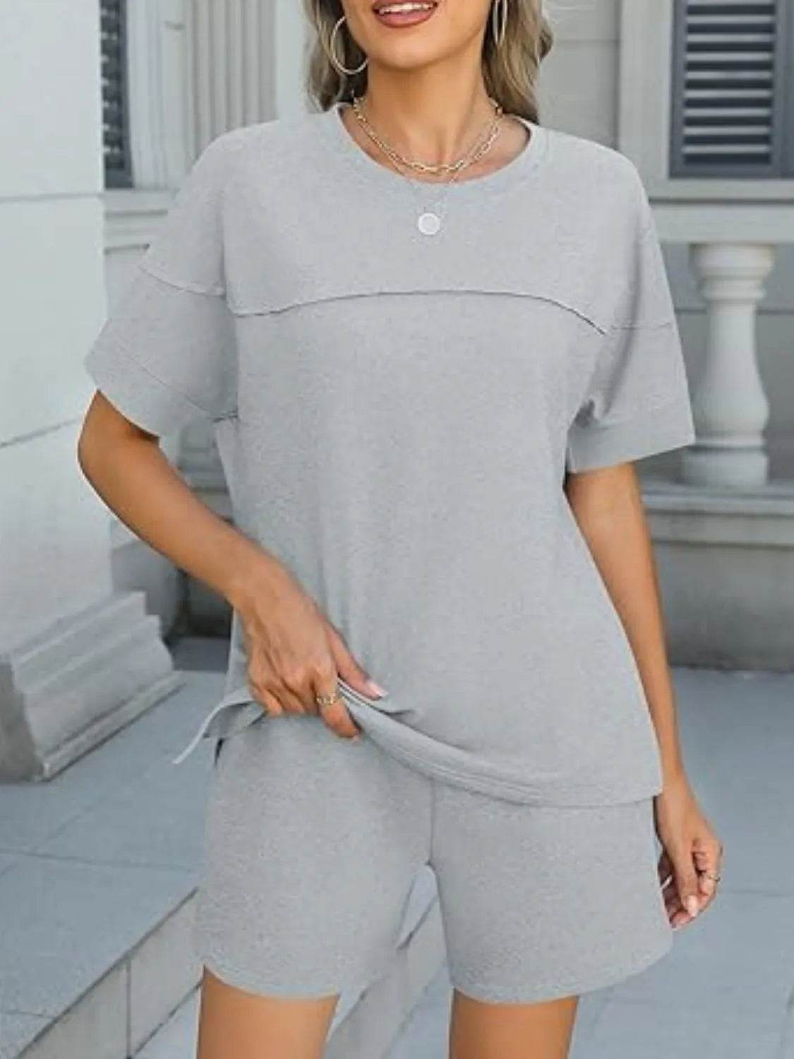 Sleek Round Neck Short Sleeve Top & Shorts Set - EBYNN
