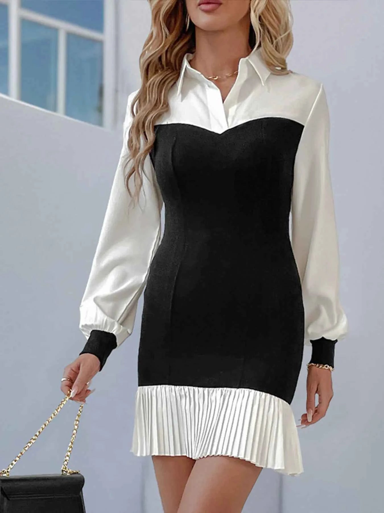 Two Tone Pleated Long Sleeve Shirt Dress.