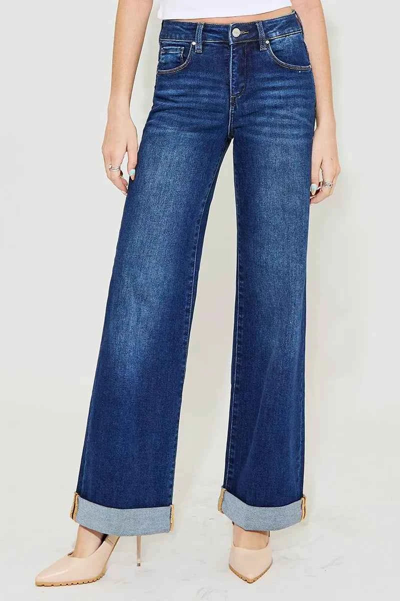 RISEN Full Size Tummy Control High Rise Wide Leg Jeans.