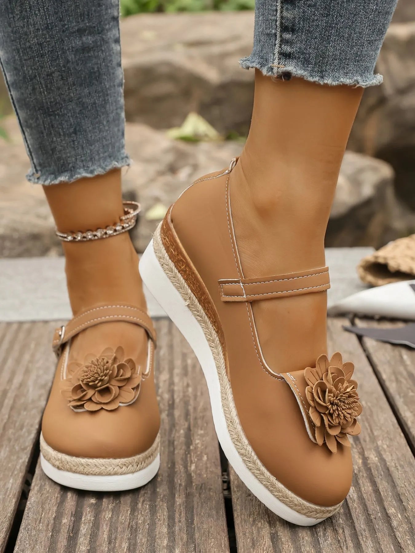 Flower Embellished Mary Jane Loafers.