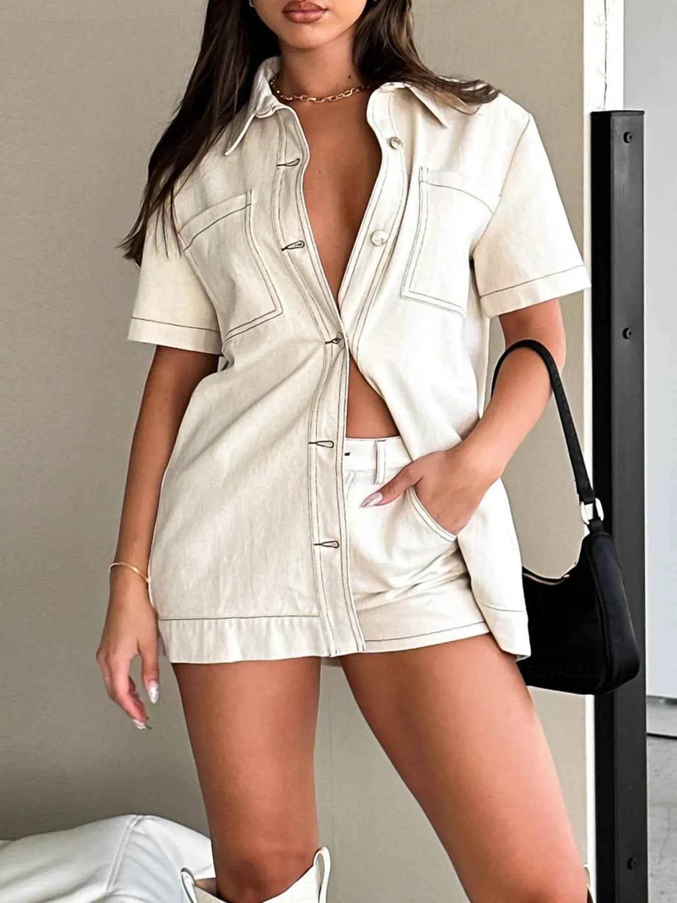 Button Up Denim Set: Short Sleeve Top and Shorts for Effortless Style - EBYNN