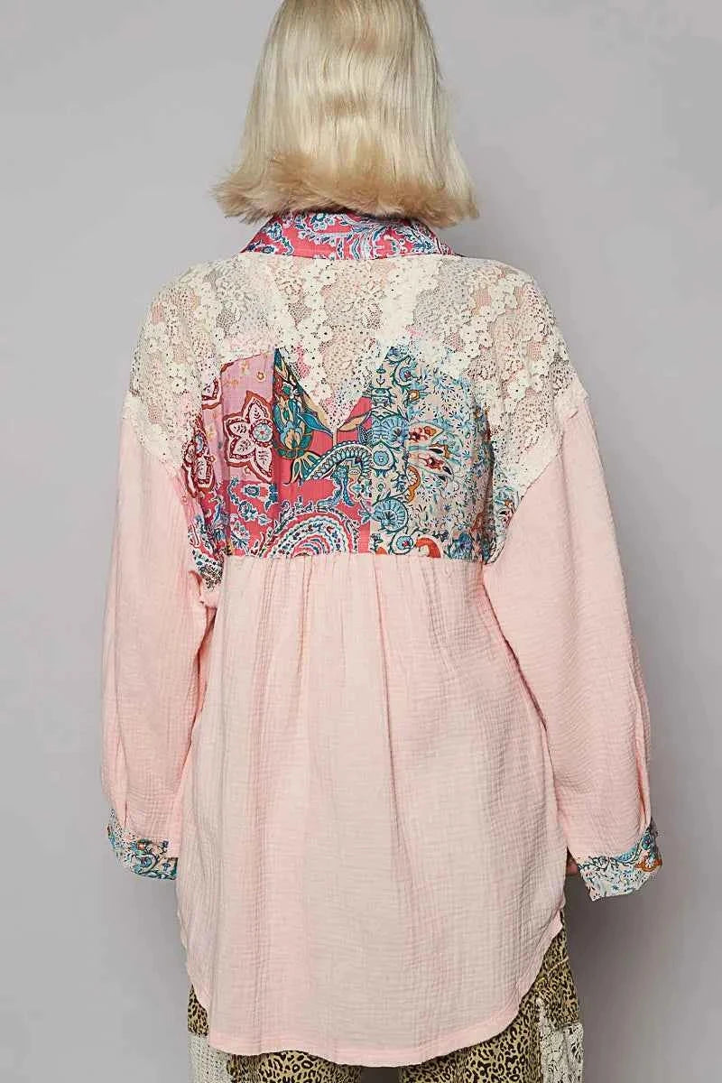 Bohemian Lace Patchwork Floral Long Sleeve Blouse.