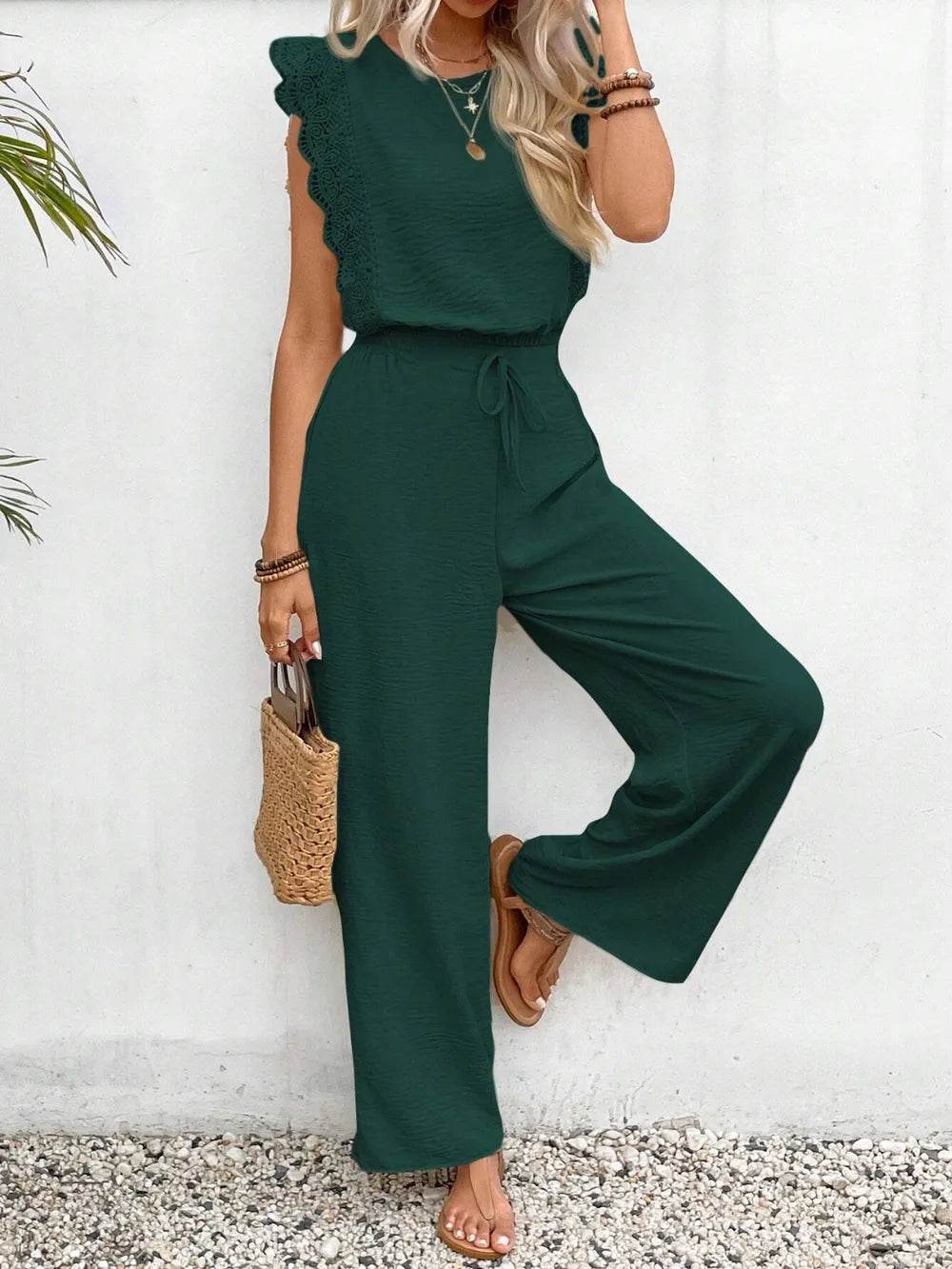 Lace Trim Round Neck Top and Pants Set - EBYNN