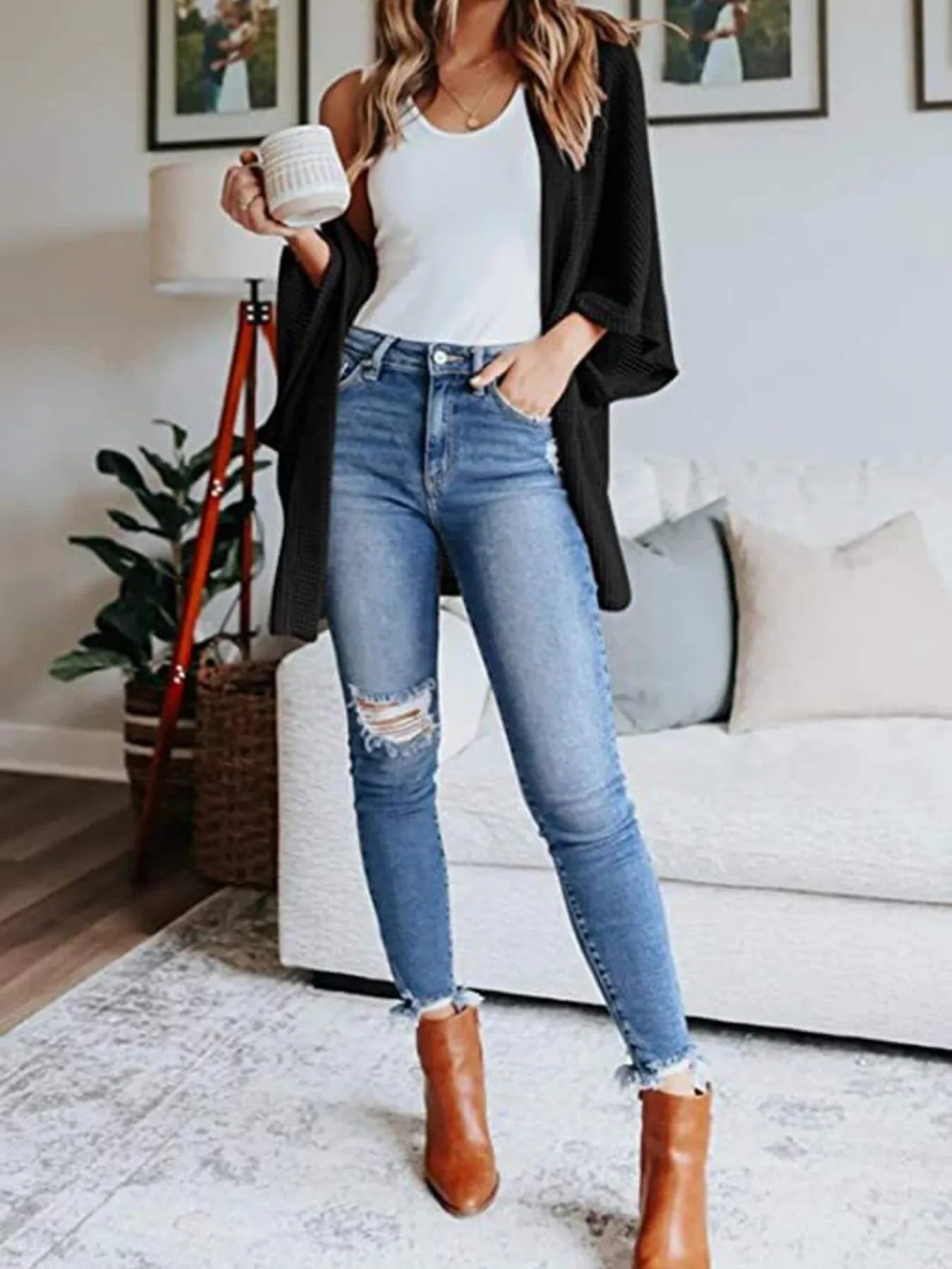 Plus Size Open Front Waffle Knit Cardigan.