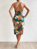 Crisscross Back Floral Print Bodycon Dress.