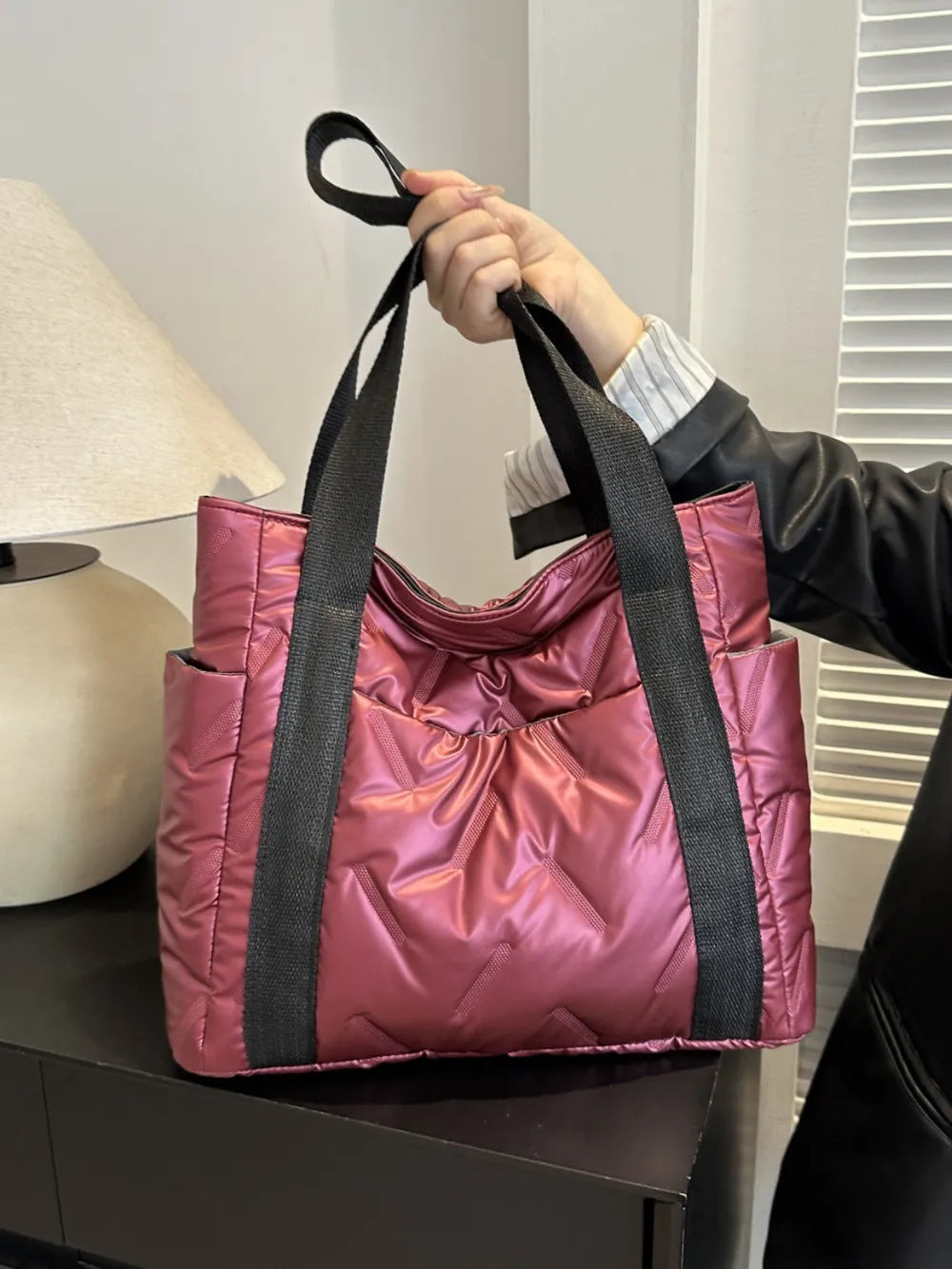 Large Solid Color Tote Bag with Side Pockets.