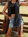 Fringe Cutout Detail Sleeveless Vest Coat.